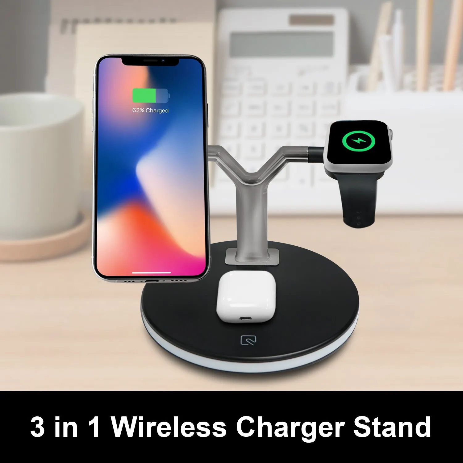 3-In-1 Wireless Charger Stand - LED Light, For Apple Devices