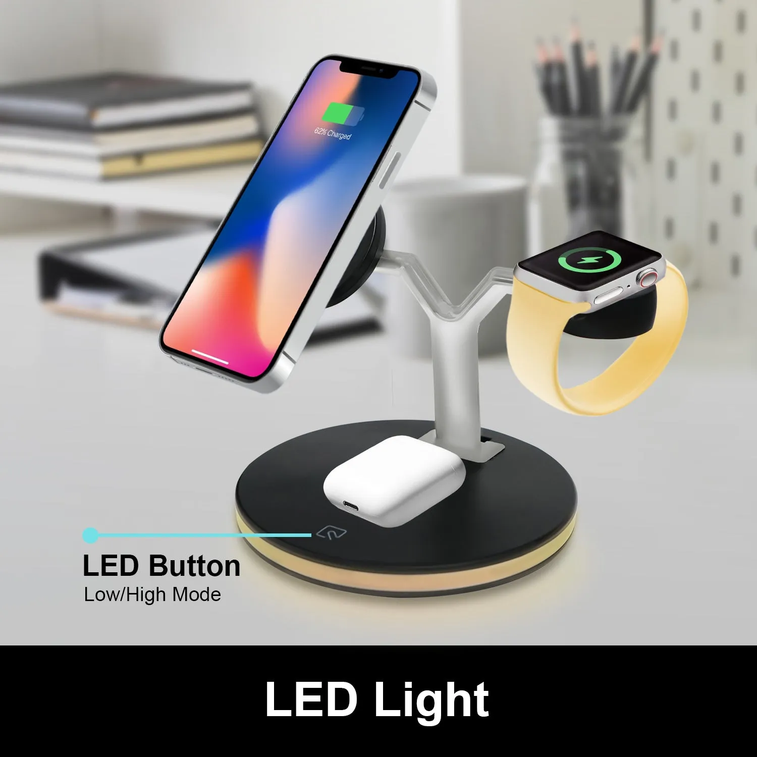 3-In-1 Wireless Charger Stand - LED Light, For Apple Devices