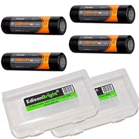 Fenix ARB-L2P 3200mAh 18650 Protected Rechargeable Li-ion Batteries, 4-Pack, with 2 EdisonBright Carry Cases - Compatible with High Drain Devices like TK75, TK51, TK22, and More