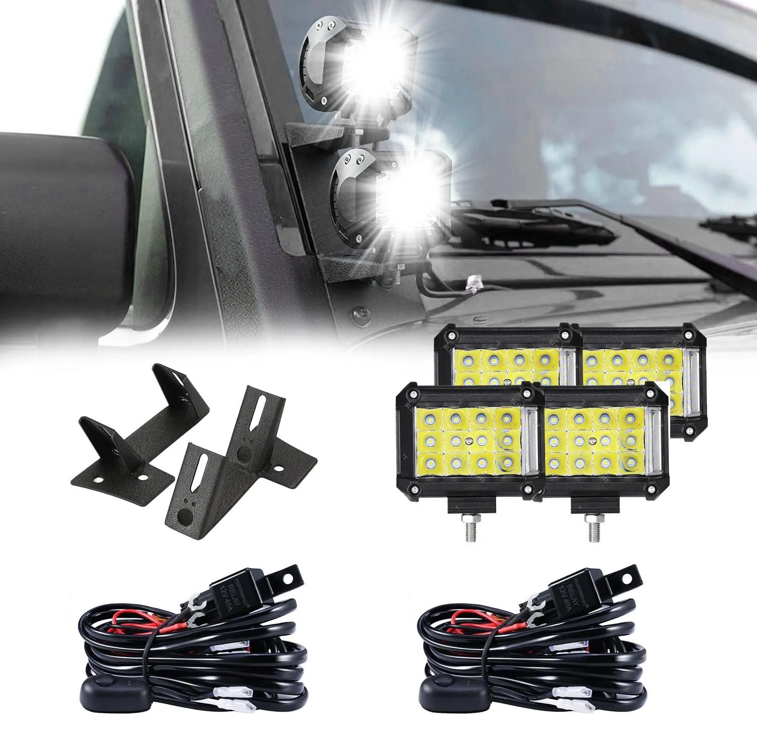 4pcs 4" LED PODS Combo Beam & Dual A-Pillar Light Lower Windshield Hinge Mounting Brackets For Jeep Wrangler JK 2DR/4DR 2007~2017