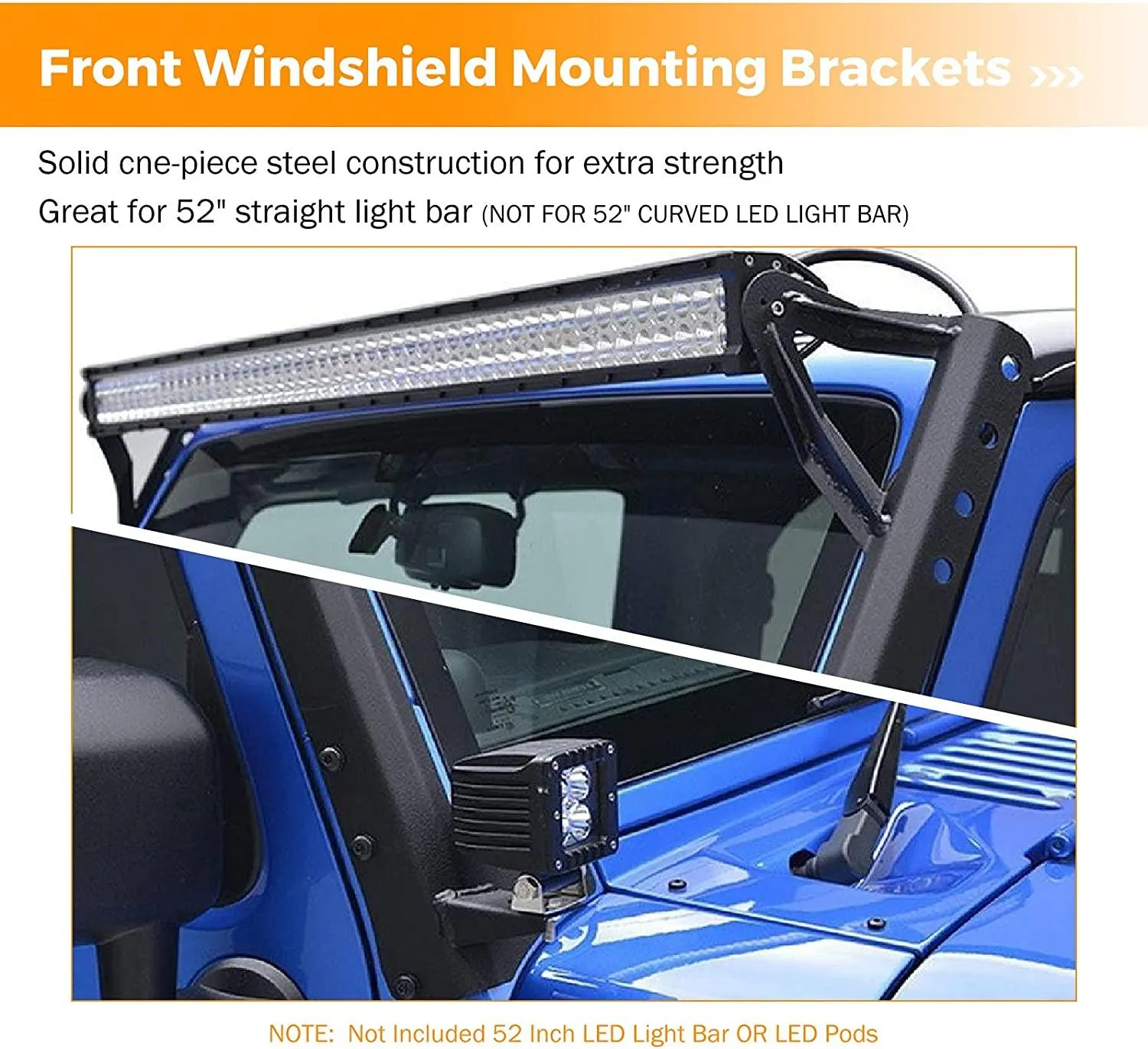 52" 5D-PRO LED Light Bar & 3"LED PODS & 2 IN 1 Design Windshield Mounting Brackets For Jeep Wrangler JK 2007~2017