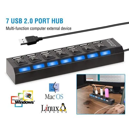 7 Port USB 2.0 Hub High Speed Multiport