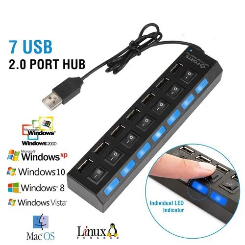 7 Port USB 2.0 Hub High Speed Multiport