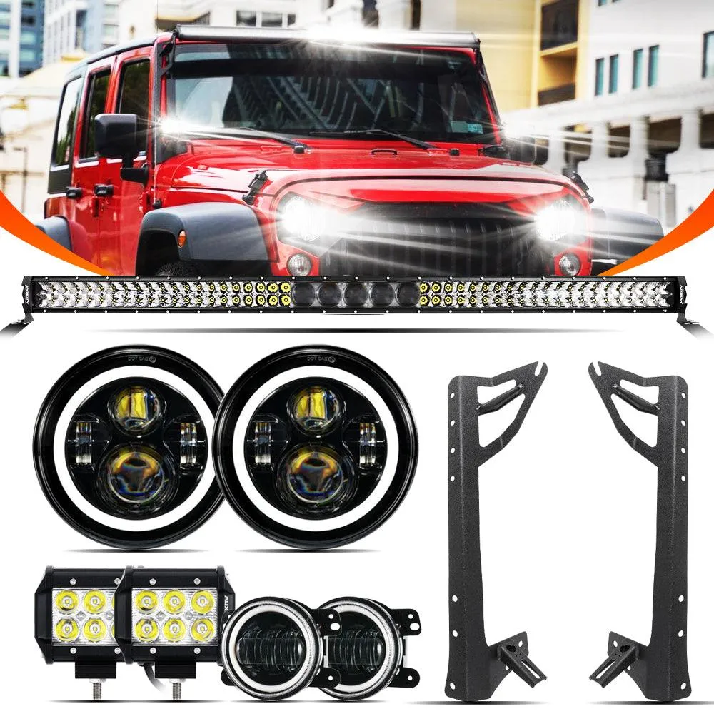 7" LED Halo Headlights   4" Inch LED Fog Lights with DRL   5D-PRO 52" Straight LED Light Bar   Windshield Mounting Brackets   18W Spot Beam Pod Lights Set for for Jeep Wrangler JK