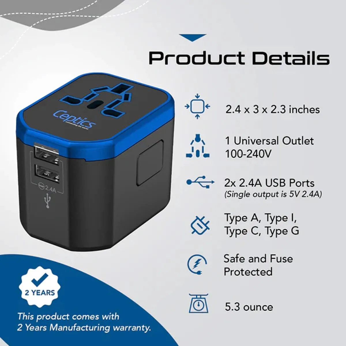 All-In-One International Travel Plug Adapter - 2 USB Ports