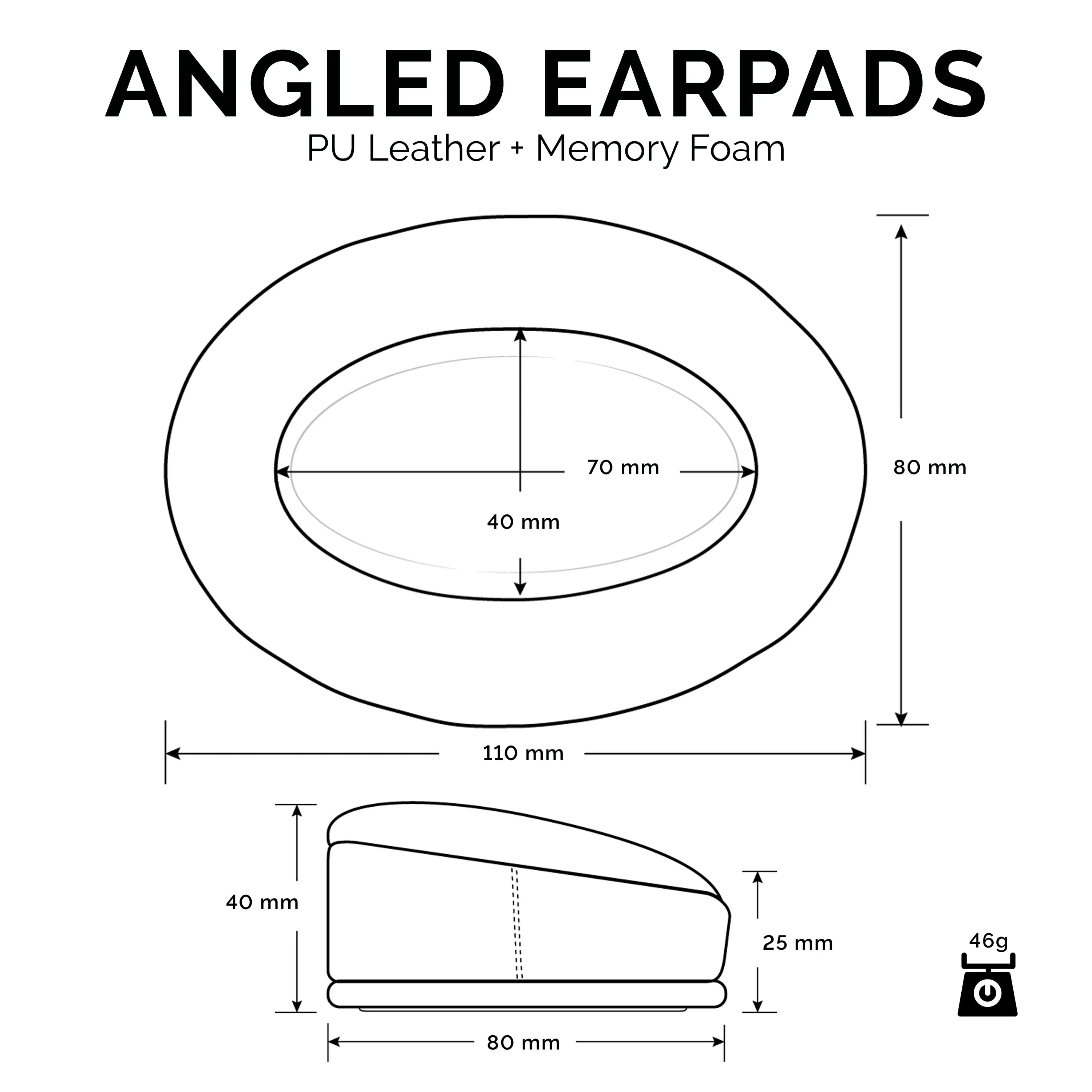 Memory Foam Earpads for Headphones, Angled Oval Design - Enhanced Comfort