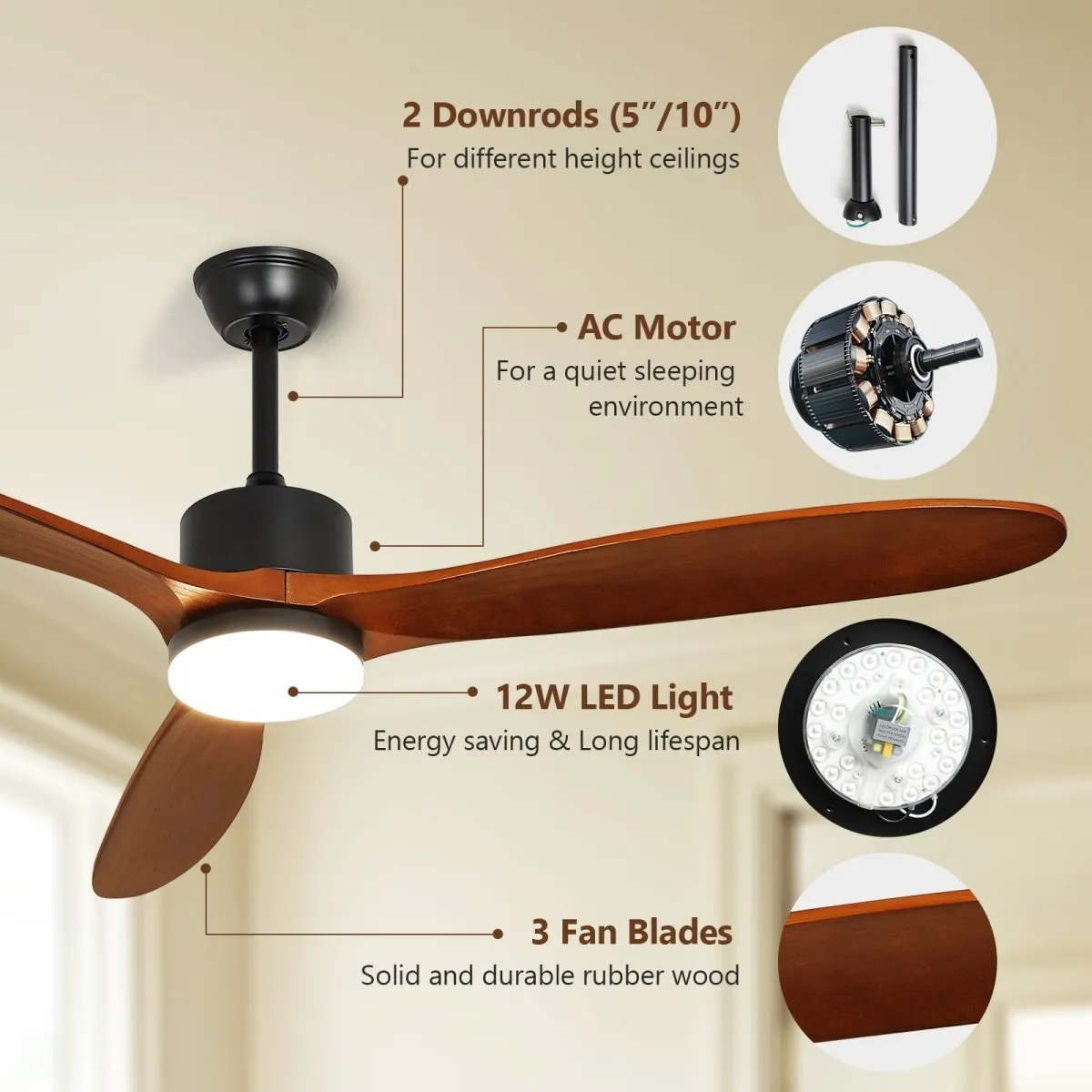 Depuley 60" Ceiling Fan with Light,Indoor Outdoor Wood Ceiling Fan with Remote, Low Profile Fan with 3 Rubber Wood Blades, Noiseless AC Motor Ceiling Fans for Living Room Bedroom Porch, 1/2/4/8 Timer