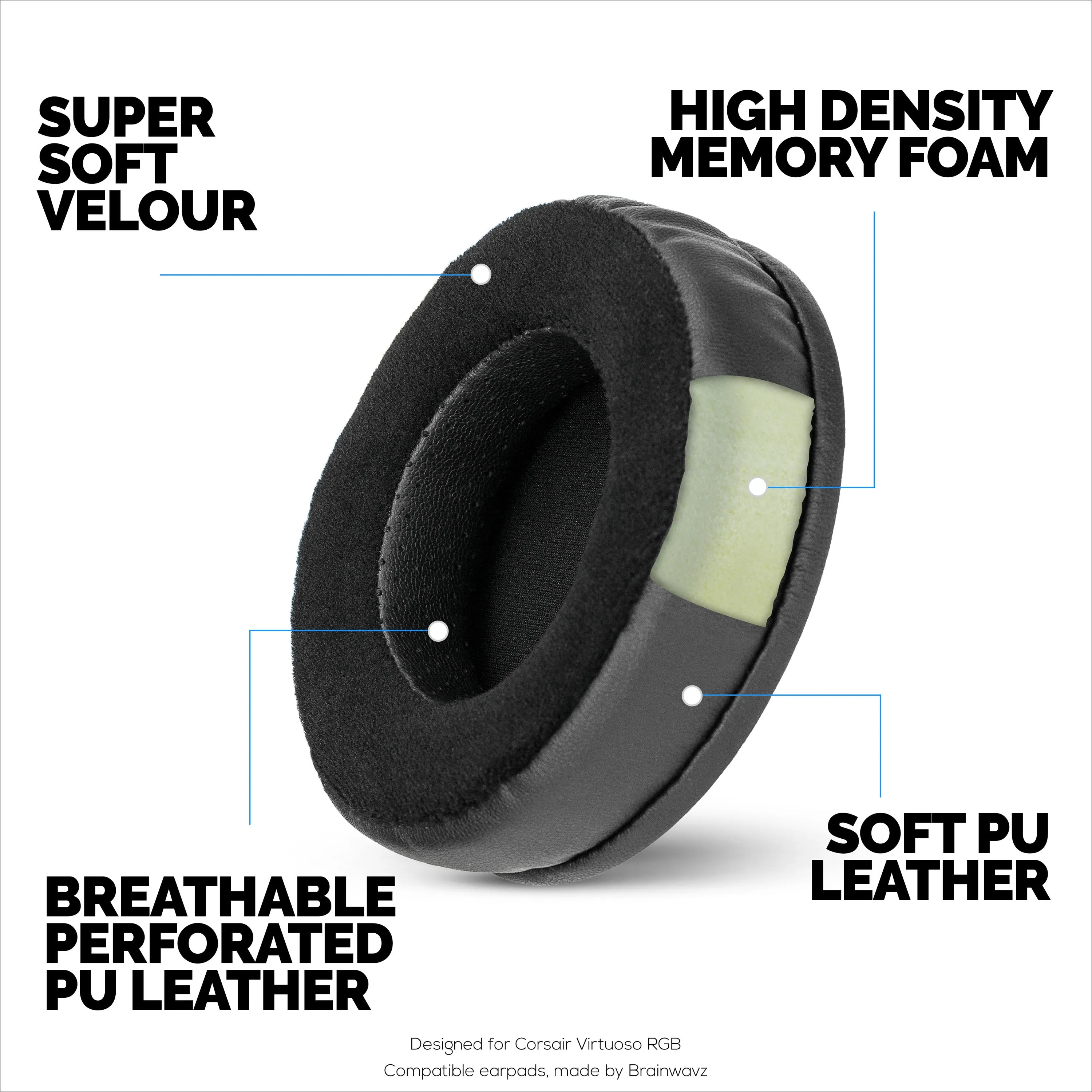 Hybrid Thick Earpads for Corsair Virtuoso RGB Headset (Wireless/XT/SE) - Memory Foam with Velour & PU Leather Hybrid Material