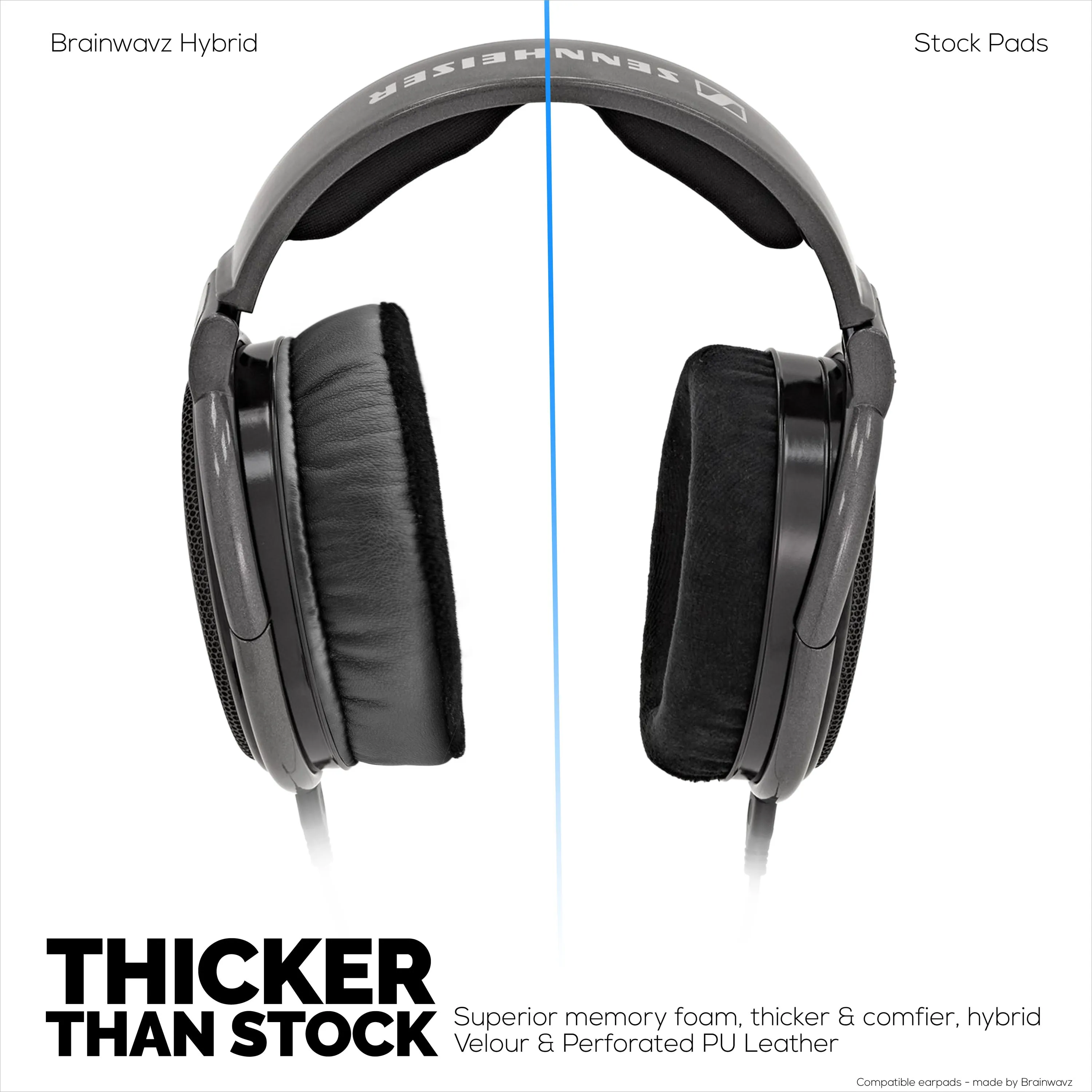 Hybrid Thick Earpads for Sennheiser HD600, HD650, HD660S, HD525, HD535, HD545, & Massdrop HD58X, HD6XX Headphones - Memory Foam with Velour & PU Leather Hybrid Material