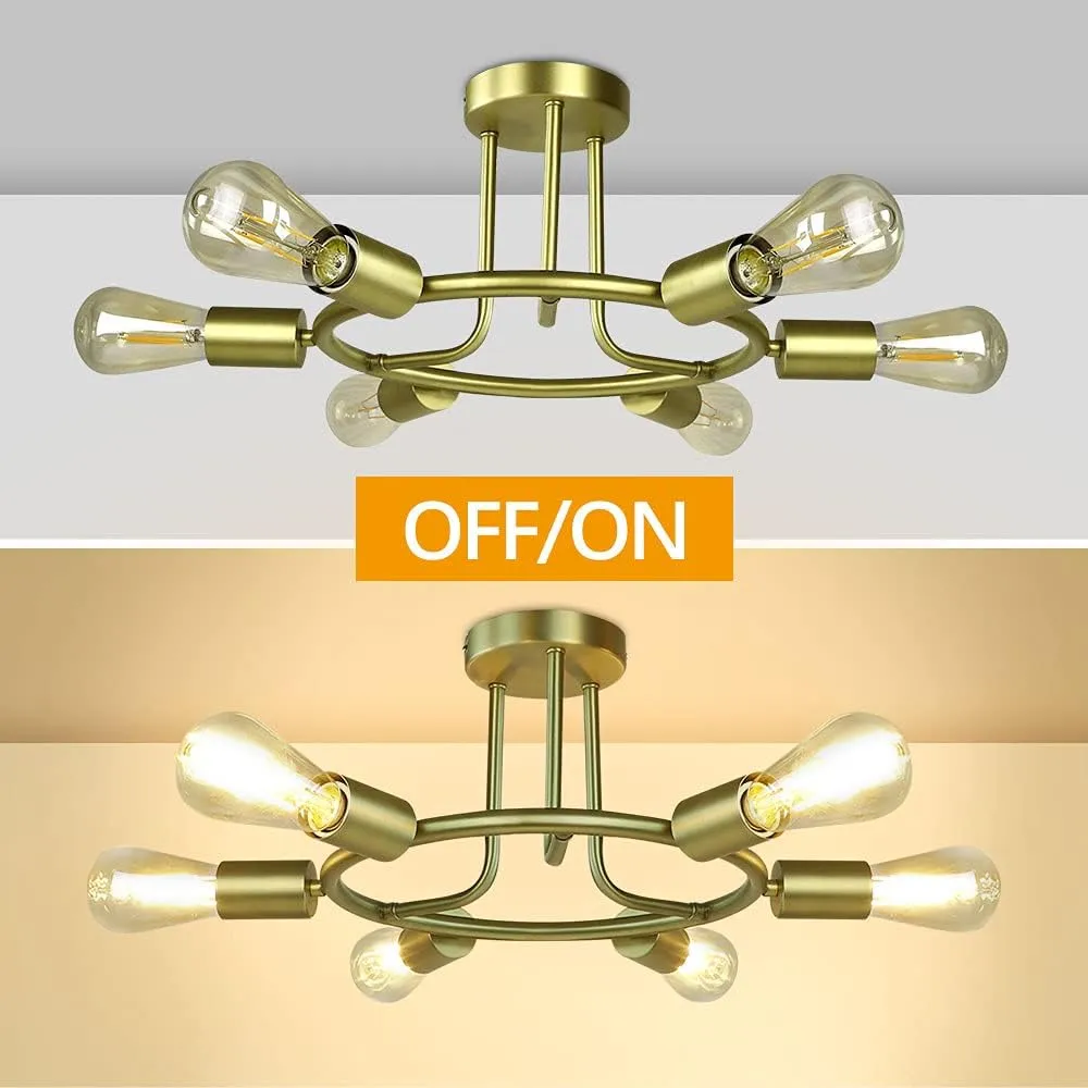 Modern Golden Metal Sputnik-Style Ceiling Light Fixture with 6-Bulbs