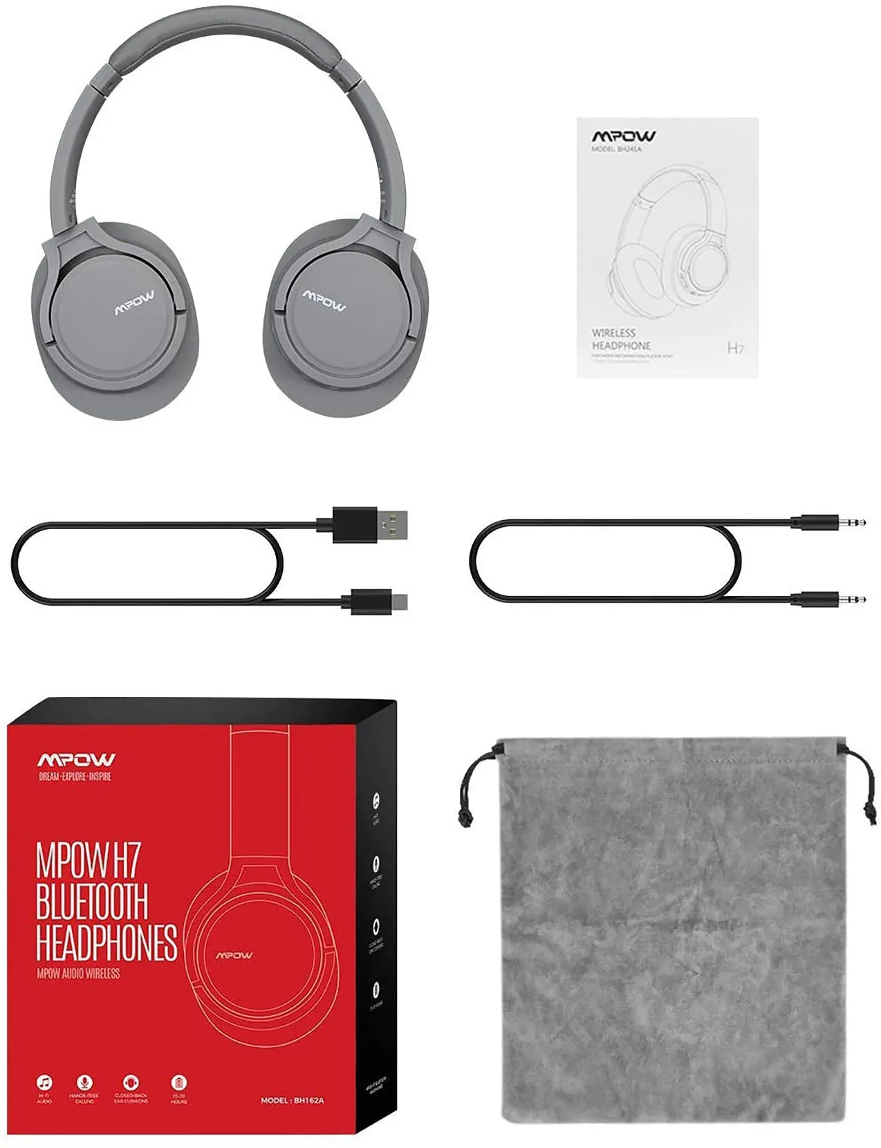 Mpow H7 Bluetooth Headphones Over Ear (Light Gray)