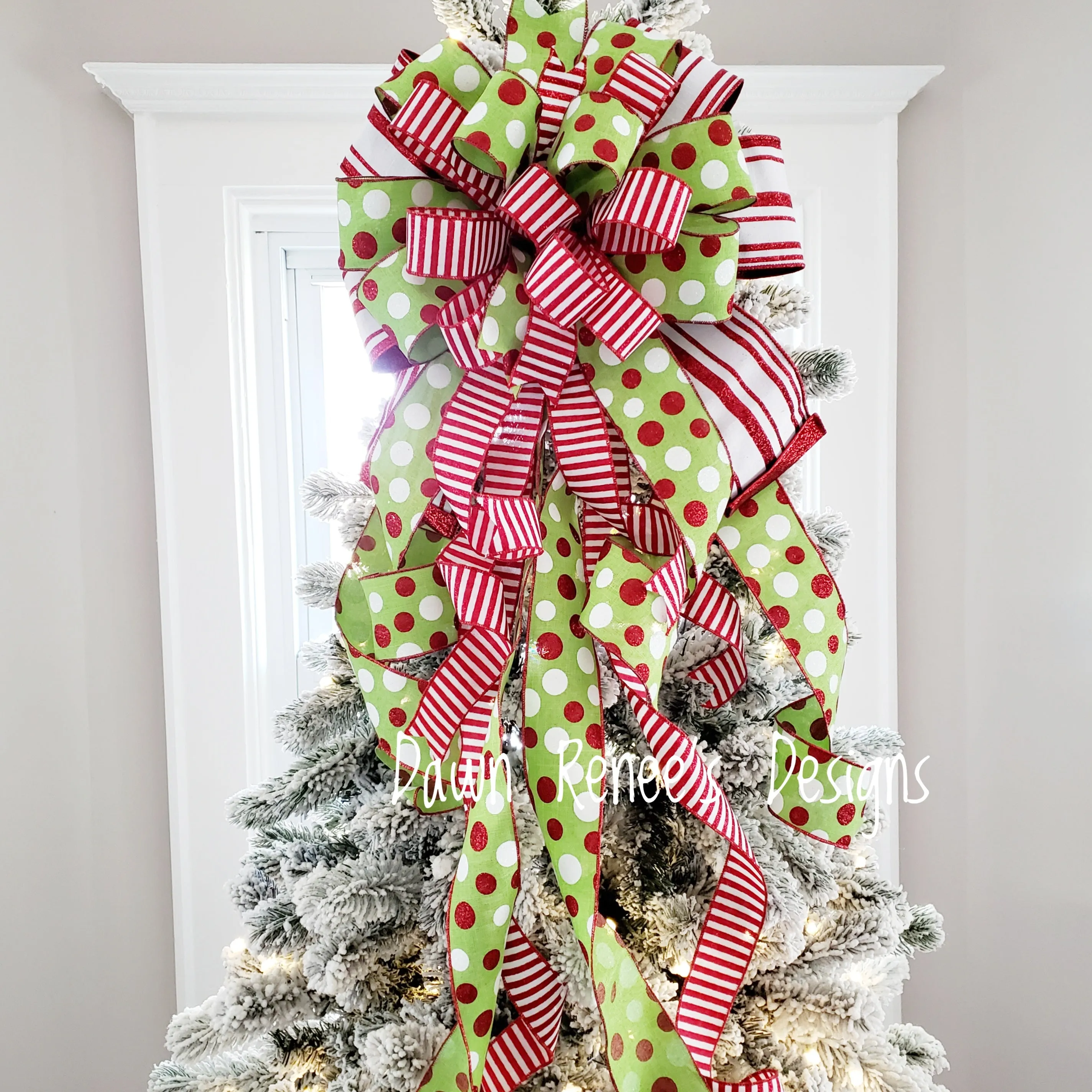 Red White Green Christmas Tree Bow with Long Streamers