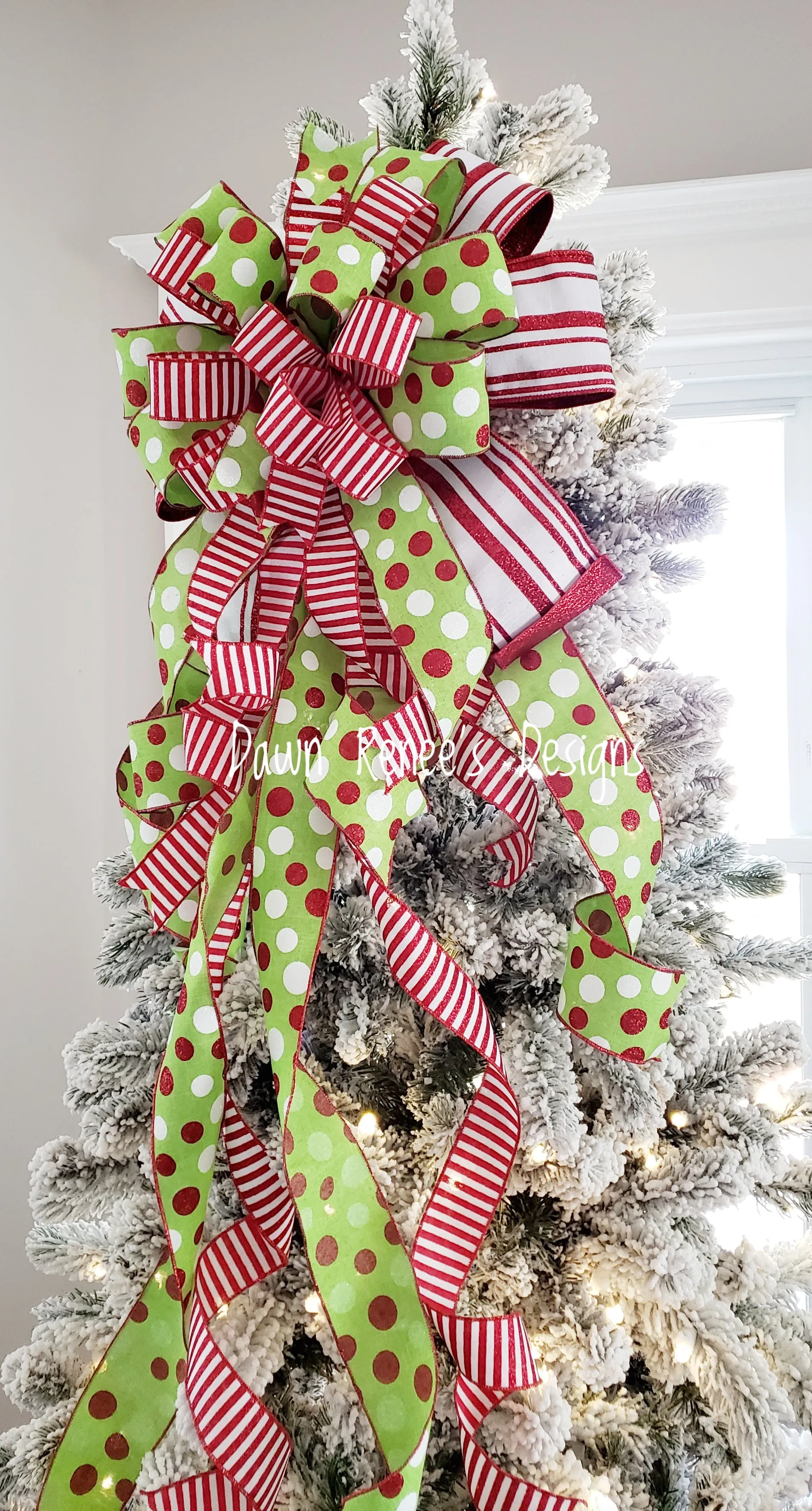 Red White Green Christmas Tree Bow with Long Streamers