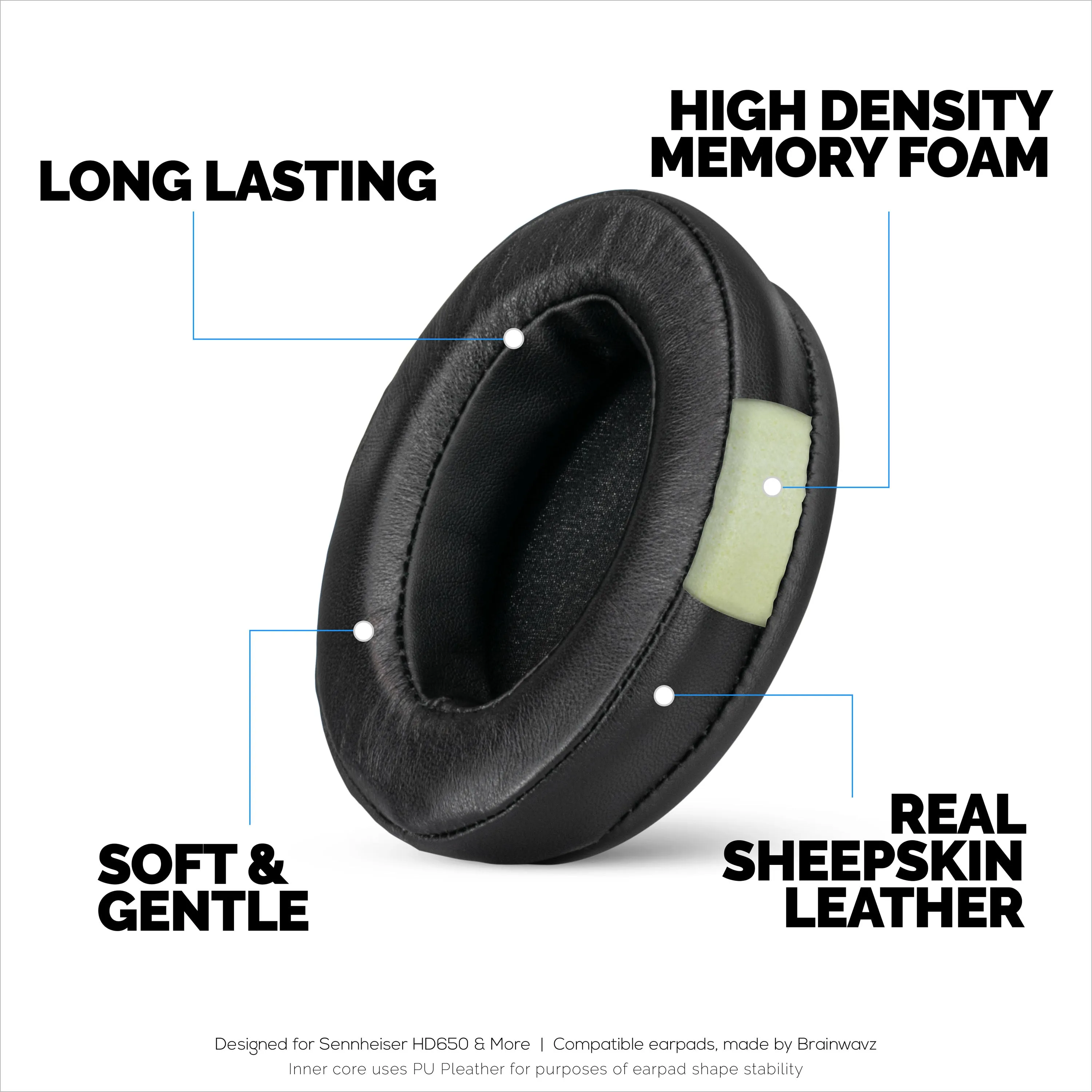 Sheepskin Earpads for Sennheiser HD600, HD650, HD660S, HD525, HD535, HD545, & Massdrop HD58X, HD6XX Headphones - Memory Foam with Soft Sheepskin Leather